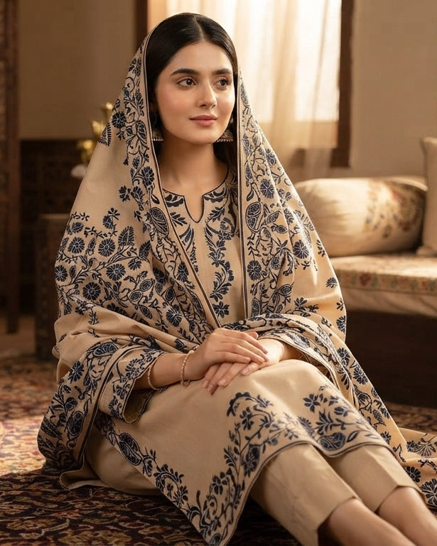 Garnet Embroidered Dhanak 3 Pc – Beige Navy (ANG-2029)