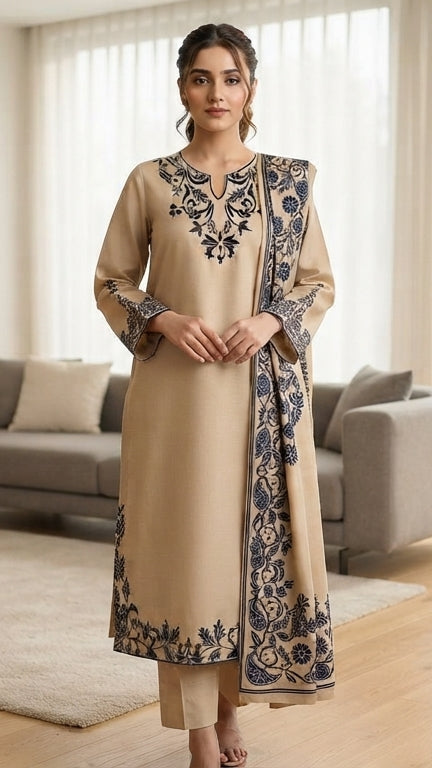 Garnet Embroidered Dhanak 3 Pc – Beige Navy (ANG-2029)
