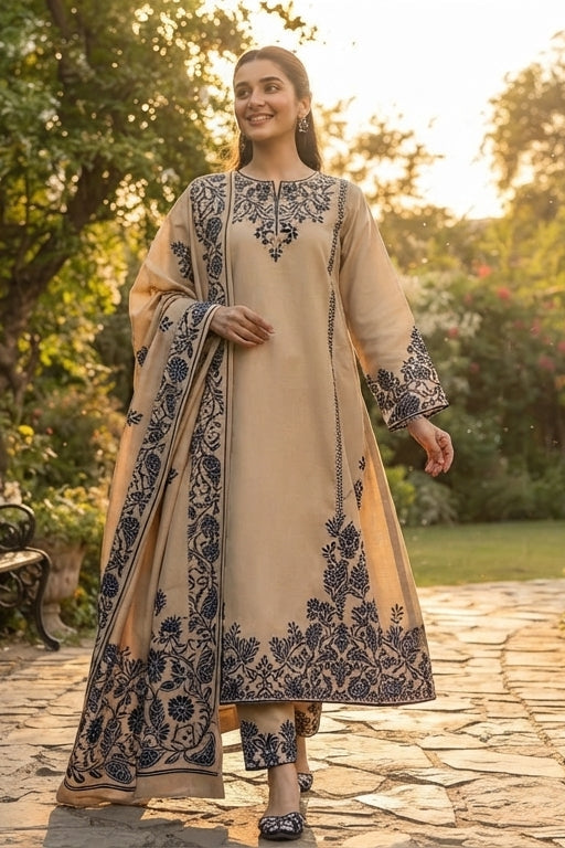 A woman wearing a beige traditional outfit with dark blue floral embroidery walks along a stone garden path surrounded by lush greenery and flowers.