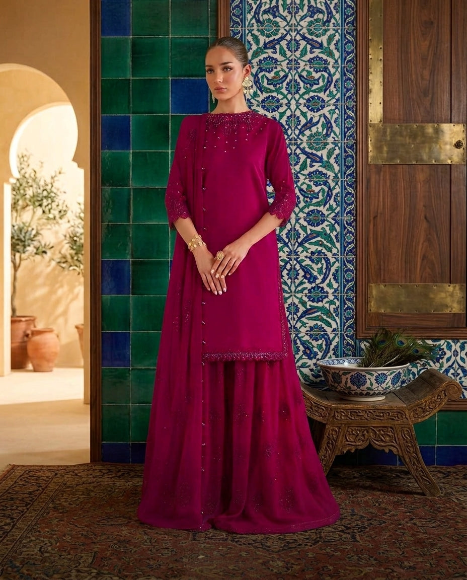Heavy Embroidered Chiffon Suit with Adda Work Neck & Heavy Embroidered Lehenga | Designer Party Wear Unstitched 3-Piece