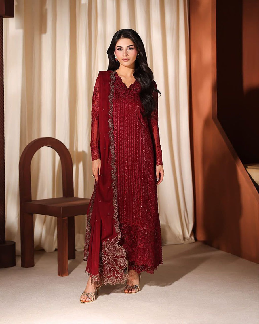 Luxury Crimson Embroidered Chiffon 3-Piece Wedding Suit | Cutwork Border Dupatta & Hand-Worked Neckline | Festive Collection 2026