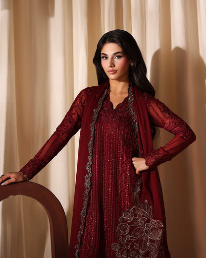Luxury Crimson Embroidered Chiffon 3-Piece Wedding Suit | Cutwork Border Dupatta & Hand-Worked Neckline | Festive Collection 2026