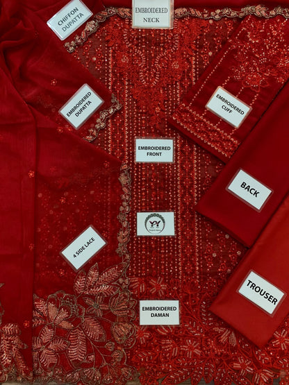 Luxury Crimson Embroidered Chiffon 3-Piece Wedding Suit | Cutwork Border Dupatta & Hand-Worked Neckline | Festive Collection 2026