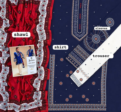 Premium Embroidered Dhanak 3-Piece Unstitched Suit with Printed Wool Shawl | Winter Formal Hit Code