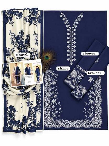 Embroidered Dhanak 3-Piece with Wool Shawl