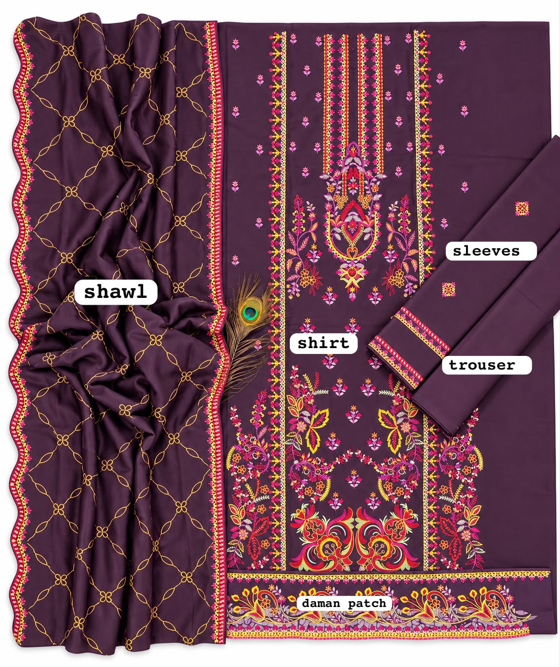 Luxury Dhanak Embroidered Unstitched 3-Piece Suit with Daman Patch & Embroidered Shawl