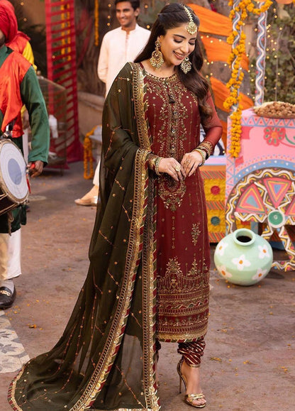 CHIFFON Suit With MALAI Trouser | Custom Stitched, Maroon & Olive Green Chiffon Suit with Gota Patti & Zari Work | Traditional Wedding Outfit