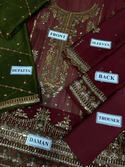 CHIFFON Suit With MALAI Trouser | Custom Stitched, Maroon & Olive Green Chiffon Suit with Gota Patti & Zari Work | Traditional Wedding Outfit