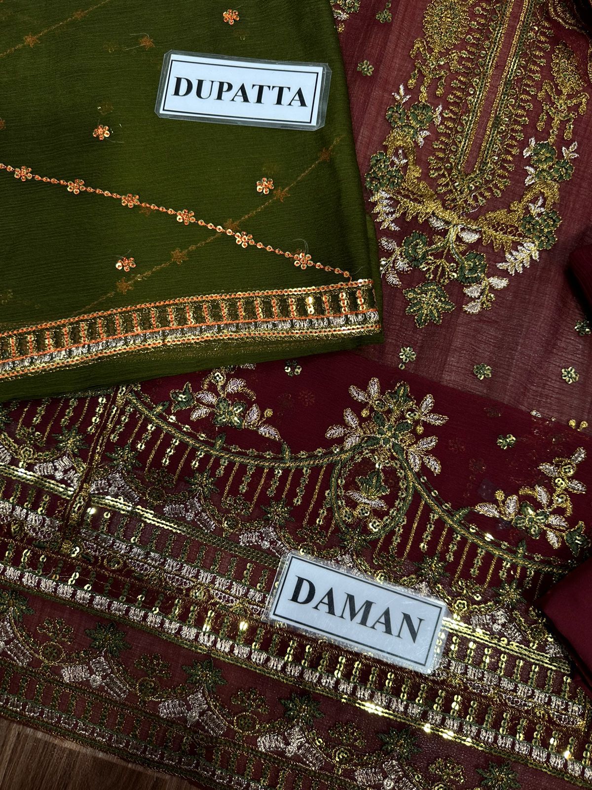 CHIFFON Suit With MALAI Trouser | Custom Stitched, Maroon & Olive Green Chiffon Suit with Gota Patti & Zari Work | Traditional Wedding Outfit