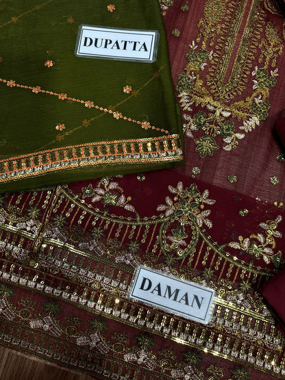 CHIFFON Suit With MALAI Trouser | Custom Stitched, Maroon & Olive Green Chiffon Suit with Gota Patti & Zari Work | Traditional Wedding Outfit