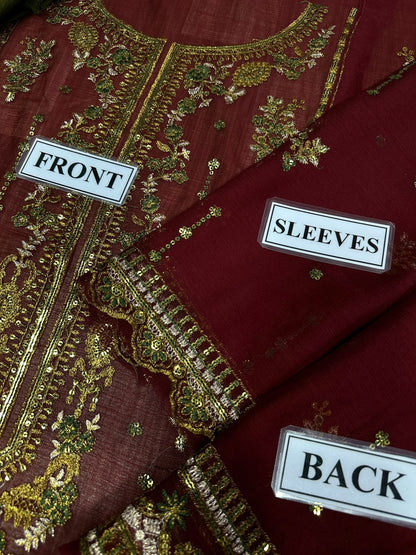 CHIFFON Suit With MALAI Trouser | Custom Stitched, Maroon & Olive Green Chiffon Suit with Gota Patti & Zari Work | Traditional Wedding Outfit