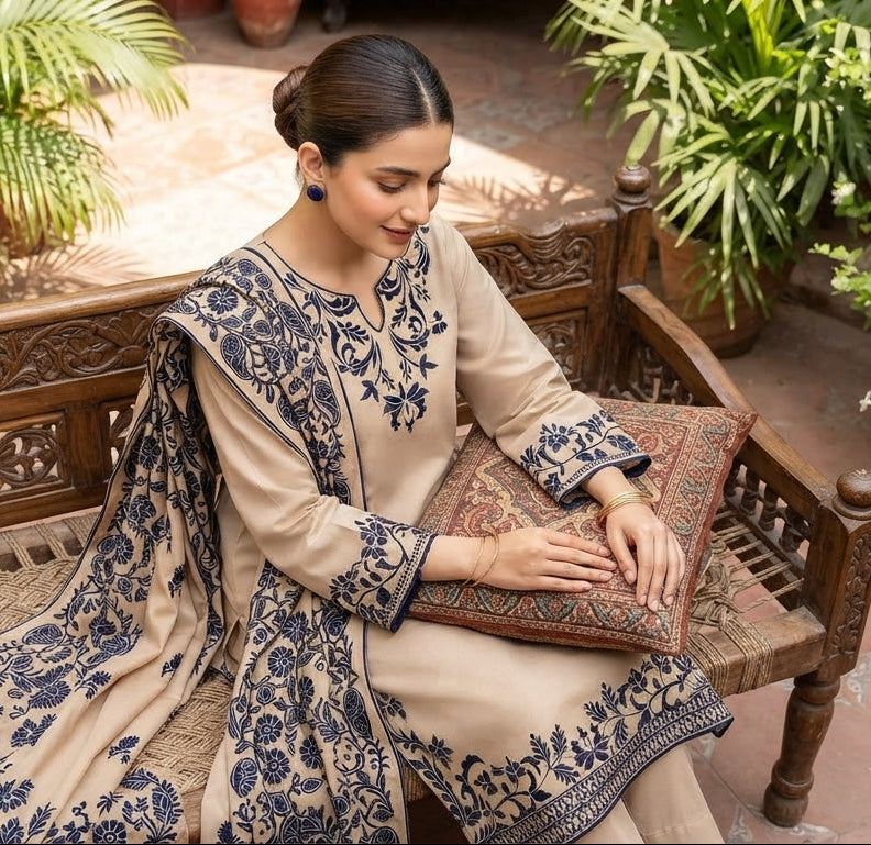 Garnet Embroidered Dhanak 3 Pc – Beige Navy (ANG-2029)