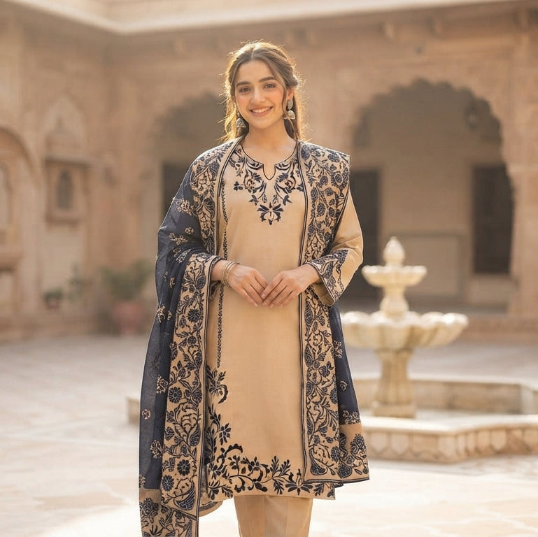 Garnet Embroidered Dhanak 3 Pc – Beige Navy (ANG-2029)