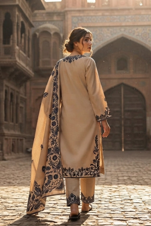 Garnet Embroidered Dhanak 3 Pc – Beige Navy (ANG-2029)