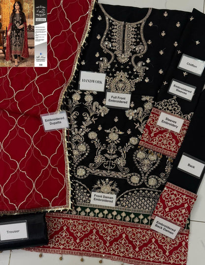 Royal Black Heavy Embroidered Chiffon Suit