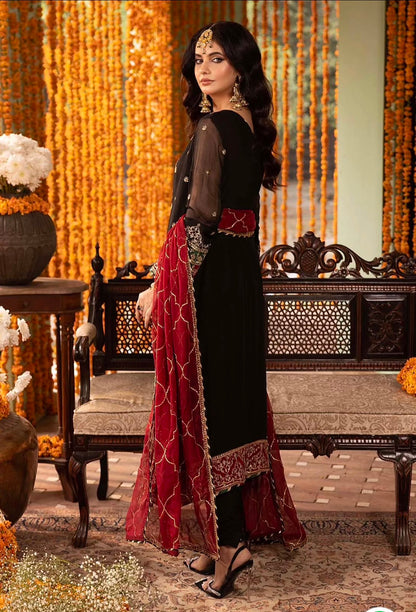 Royal Black Heavy Embroidered Chiffon Suit